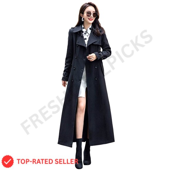 Double Breasted Duster Trench Coat Slim Full Length Maxi Overcoat